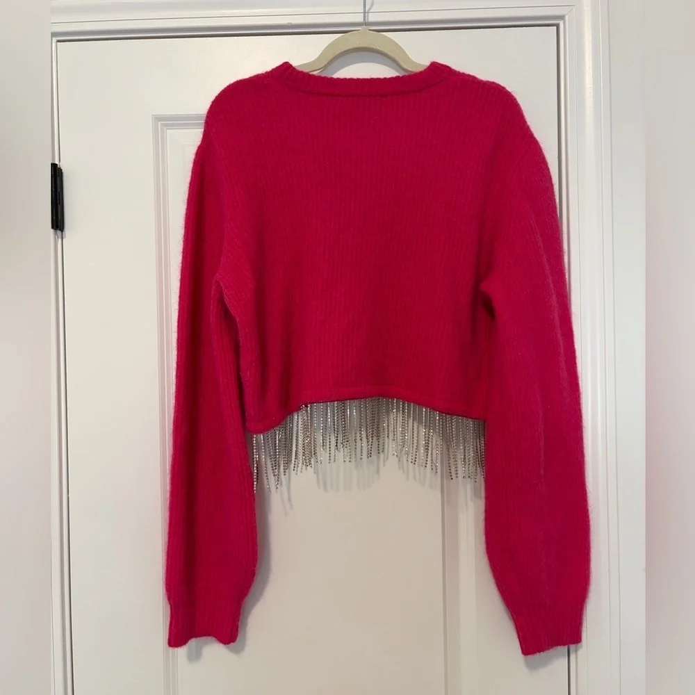 House of Harlow 1960 Hot Pink Cropped Sweater with Rhinestone Fringe Hem